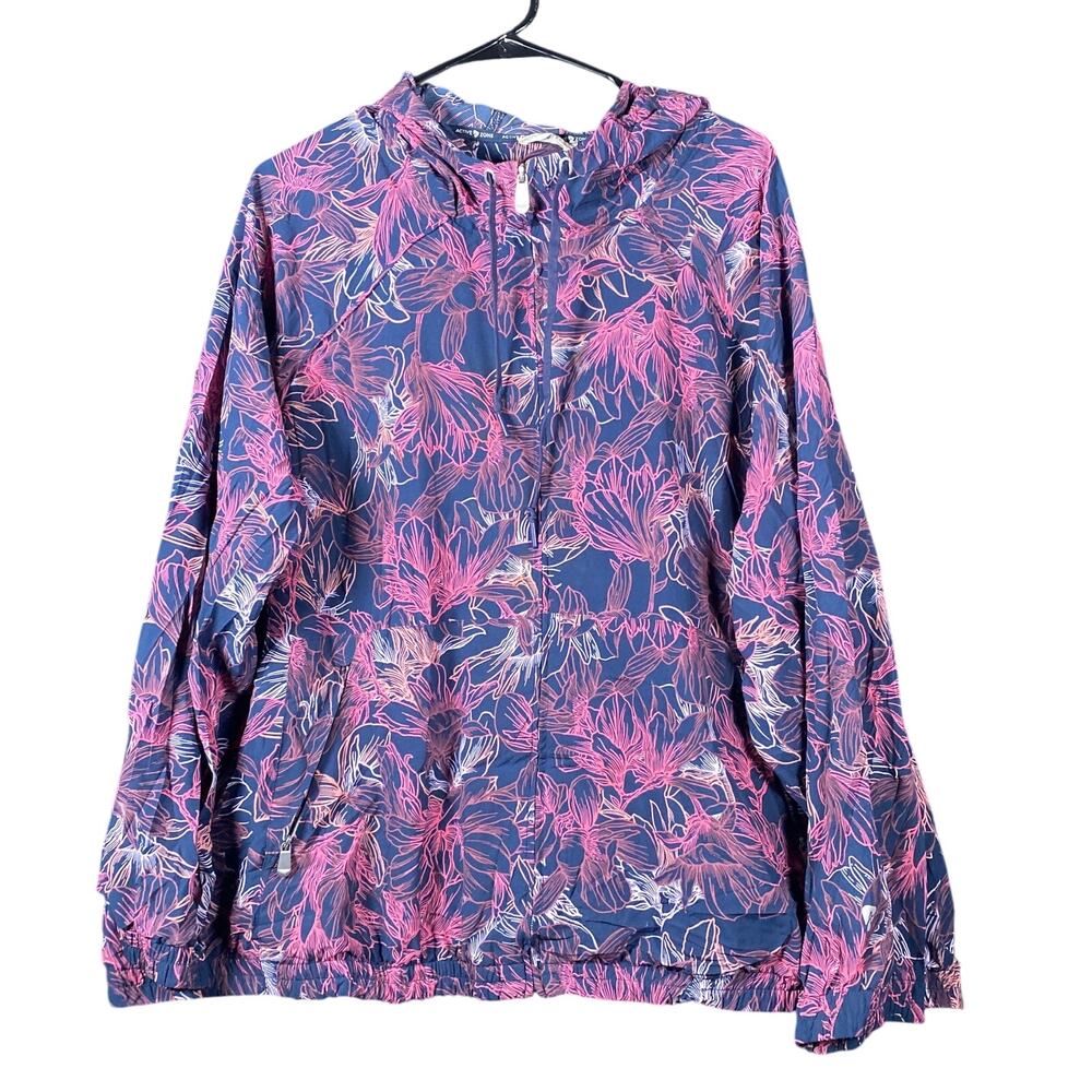 Active Zone Women Jacket Blue Pink Floral Full Zip Hooded Lightweight Stretch 2X